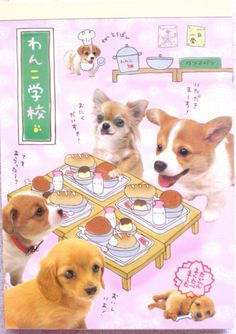 three puppies sitting at a table with food on it