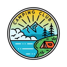 the camping club logo with mountains and trees in the background, on a white background