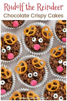 rudolph the reindeer chocolate crispy cakes with pretzels and pretzel eyes