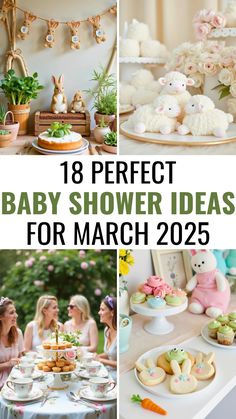 baby shower ideas for march with pictures of bunnies, cakes and cupcakes