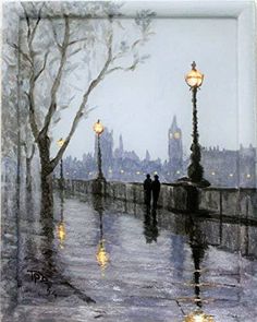 a painting of people walking in the rain on a city street with lights and trees