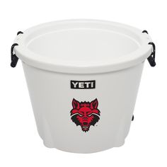 the yeti logo is on the side of a large white bucket with black handles