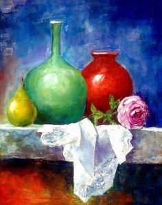 three vases and two roses on a table