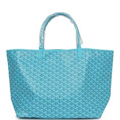 This Limited Edition St. Louis GM tote bag with a large Balise beach towel is in turquoise blue Goyardine coated canvas and chevroches calfskin leather with palladium hardware, contrast stitching, and comes matching detachable button closure wallet.The interior of the tote bag is lined with white canvas.The beach towel included is made of terry cloth and is multicolored with printed floating buoys.Origin: FranceCondition: New and never worn (plastic on handles)Accompanied by: Dustbag, felt, retail tag, removable pouch, towel dustbagMeasurements: tote bag: 15.7" x 13" x 7.8"; beach towel: 36" x 60" Luxury Turquoise Travel Bags, Luxury Rectangular Beach Bag, Luxury Blue Shoulder Bag For Summer, Designer Blue Summer Bag, Blue Summer Bags For Poolside, Blue Summer Poolside Bags, Blue Tote Bag For Poolside, Blue Rectangular Beach Bag For Poolside, Tiffany Color