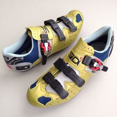 two pairs of yellow and blue cycling shoes