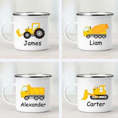 four mugs with yellow construction vehicles and names on them, all in different sizes