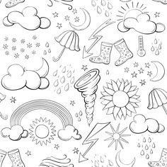 the weather and clouds coloring page is shown in black and white, with different symbols on it