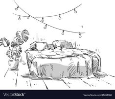 a sketched bedroom with a bed and potted plants on the floor in black and white