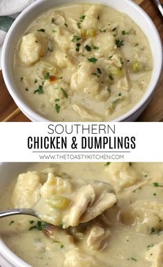 chicken and dumpling soup in a white bowl