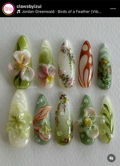 Floral Press On Nails, Nature Green Nails, Custom Press Ons, Nail Ink, Garden Nails, Shop Press, Beachy Nails, 3d Nail Art Designs, Green Nail Art