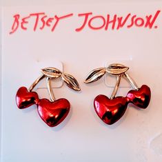 Red Cherry Hearts By Betsey Johnson. Cherry Colored Jewelry For Valentine's Day Party, Cherry-colored Jewelry For Valentine's Day Party, Cherry Color Jewelry For Valentine's Day Party, Cherry Jewelry For Valentine's Day Party, Trendy Red Earrings For Valentine's Day, Trendy Red Heart Earrings For Valentine's Day, Trendy Red Double Heart Earrings, Hot Pink Gifts, Hazbin Oc