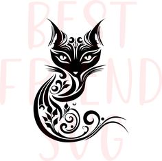 a black and white cat with swirls on it's tail, sitting in front of the words best friend