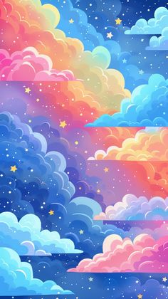 colorful clouds and stars in the sky with blue, pink, yellow and purple colors