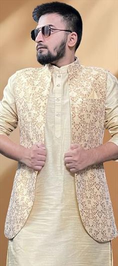 Gold color Nehru Jacket in Silk fabric with Thread work Luxury Gold Brocade Nehru Jacket, Nehru Jacket, Nehru Jackets, Thread Work, Black Friday Sale, Silk Fabric, Party Wear, Gold Color, Thread