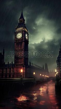 the big ben clock tower towering over the city of london in the rain at night