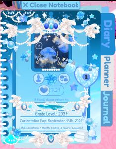 an image of a blue and white background with pearls, jewels and hearts on it