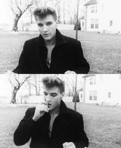 two pictures of a young man sitting at a table