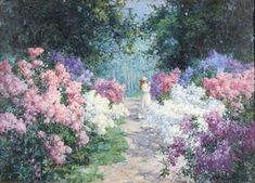 a painting of a woman walking down a path in a garden filled with pink and white flowers