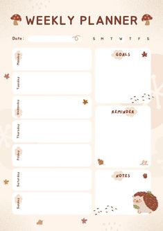 a weekly planner with autumn leaves and acorns on the side, in pink