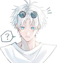 an anime character with white hair and blue eyes, wearing round sunglasses on his head