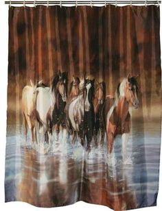 four horses are running in the water shower curtain