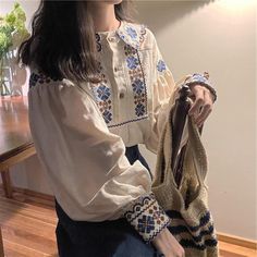 Long Sleeve Vintage Art Embroidered Blouse Shirts – Nada Outfit Land Korean Embroidery, Lady Luxury, School Outfit Women, How To Fold Sleeves, Blouse Cotton, Athleisure Women, Loose Long Sleeve, Casual Day Outfits, Athleisure Fashion