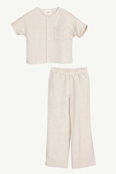 Adalila Linen Top & Pants Set - Oatmeal (Girls) Clothing Veiled Beige Cotton Summer Sets, Beige Summer Cotton Sets, Casual Linen Sets For Summer, Casual Linen Sets With Pockets, Casual Linen Summer Set, Casual Linen Beach Set, Casual Linen Beachwear Set, Casual Beige Pant Set For Spring, Beige Relaxed Fit Summer Sets