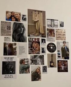 a white wall covered in pictures and magnets on it's side next to a guitar