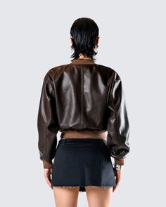 Take em’ for a joy ride in this brown washed leather jacket 😜 With a sleek yet edgy look, this chic bomber is constructed from vegan leather and is complete a ribbed neckband, sleeve cuffs, and hem and welt pockets on the front body for the perfect everyday jacket 🤎 Fitted Leather Jacket With Ribbed Cuffs For Streetwear, Fall Brown Biker Jacket With Padded Collar, Fitted Leather Jacket With Ribbed Cuffs For Fall, Fitted Leather Jacket With Ribbed Cuffs, Fall Leather Jacket With Ribbed Collar, Fall Leather Jacket With Ribbed Cuffs, Brown Leather Jacket With Ribbed Cuffs, Fitted Brown Outerwear With Ribbed Collar, Brown Leather Jacket With Padded Collar For Spring