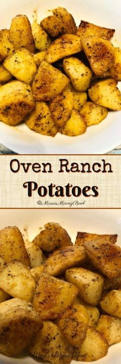 two plates filled with cooked potatoes on top of each other and the words oven ranch potatoes above them