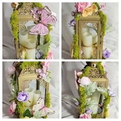 four different shots of a candle holder with flowers and butterflies on it's sides