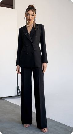 Evening Pantsuit With Suit Collar For Fall, Fall Evening High-waisted Pantsuit, Black Wide-leg Pantsuit For Formal Occasions, Evening Wide Leg Tailored Pantsuit, Evening Tailored Wide Leg Pantsuit, Black Wide Leg Pantsuit For Formal Occasions, Fall Evening Pantsuit With Suit Collar, Elegant Wide Leg Single Breasted Suits, Formal Full-length Pantsuit For Fall