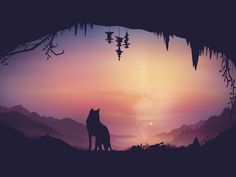 the silhouette of a wolf standing in front of a cave at sunset with mountains and trees