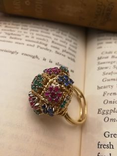 "Beautiful, unique, outrageous vintage18K multi stone ring. There is no karat stamp, but has been tested as 18K. It weighs 14.8 grams, and is set with the following approximate weights of stones: .30 ctw genuine emeralds, .59 ctw genuine sapphires, and .70 ctw genuine rubies. It is between a size 7 1/2 and 8. It has \"bumps\" inside the ring which leave a small gap, when measuring it in a mandrel. There is one flaw in the ring. There is a missing emerald, due to a broken prong. I have this area Antique Multi-stone Ruby Ring In Gold, Antique Gold Multi-stone Ruby Ring, Vintage Multi-stone Ruby Ring Collectible, Antique Ring Box, Antique 14k Gold Ruby Ring With Multi-stone, Luxury Multi-stone Ruby Ring In 14k Gold, Platinum Wedding Band, Platinum Wedding, White Gold Wedding Bands