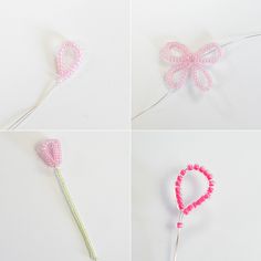 four different pictures of pink and white lollipops with bows on them,