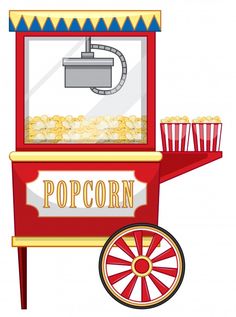 a red popcorn cart filled with lots of popcorn