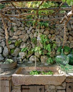 a stone sink in front of a rock wall with plants growing out of the top