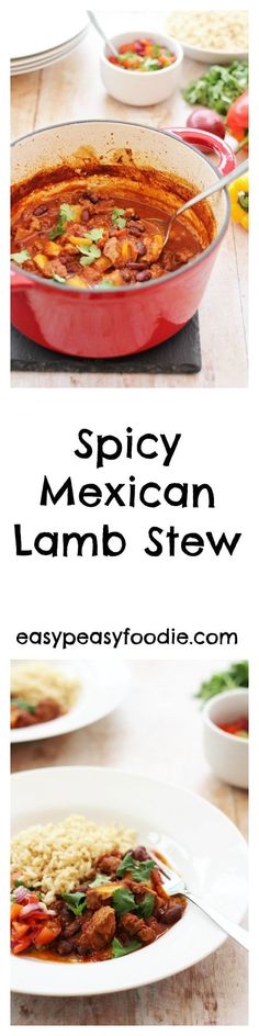 the recipe for spicy mexican lamb stew is shown in two different images, with text overlay