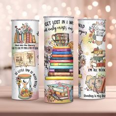 three different types of coffee mugs with books on them