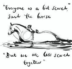 an ink drawing of a horse in water with the caption everyone is a bit scared, said the horse but we are less careful together