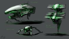 three different views of an alien creature with green lights on it's body and legs