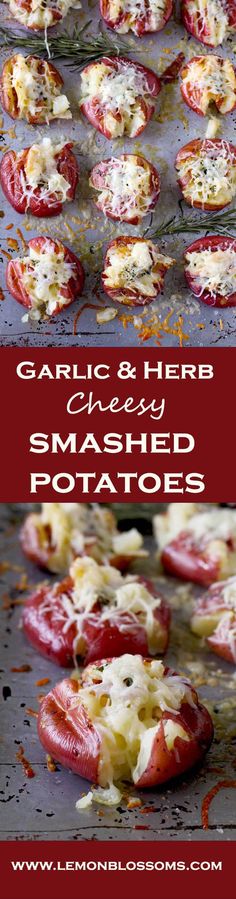 garlic and herb cremed smashed tomatoes on a baking sheet with text overlay