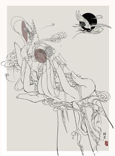 an ink drawing of a woman sitting on top of a table next to a bird