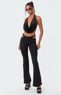 A cowl neck and open back amplify the flirty style of this standout crop top. Cowl neck Sleeveless 50% polyester, 50% spandex Machine wash, dry flat Imported Trouser Fits, Open Back Crop Top, Ladies Style, Open Back Top, Swimwear Dress, Top Cropped, Flared Pants, Hot Outfits, Low Rise Jeans