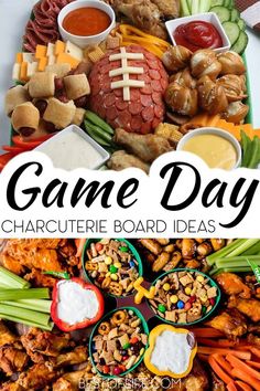 the game day charcuterie board is filled with meats, vegetables and dips