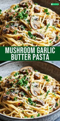 mushroom garlic butter pasta in a skillet with parsley on top and the bottom