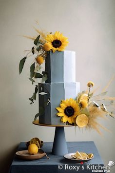 a three tiered cake with sunflowers on top