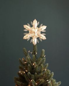 a lighted christmas tree with a snowflake decoration on top