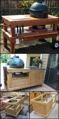 several pictures of outdoor furniture made out of pallet boards and wood, including an outside bbq