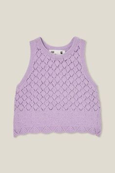 Girls Fashion, Clothes & Accessories | Cotton On Kids USA Sleeveless Pointelle Knit Top For Summer, Cotton Pointelle Knit Top, Casual Pointelle Knit Tank Tops, Sleeveless Cotton Knit Top With Pointelle Knit, Summer Purple Cotton Tank Top, Sleeveless Cotton Pointelle Knit Top, Kids Tank Top, Purple Cotton Kawaii Top, Spring Sleeveless Pointelle Crochet Top